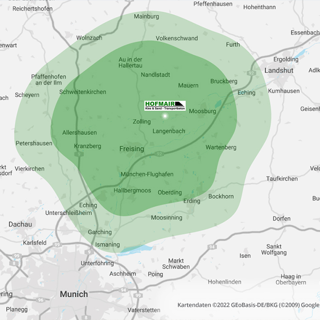 Liefergebiet für Transportbeton von Hofmair